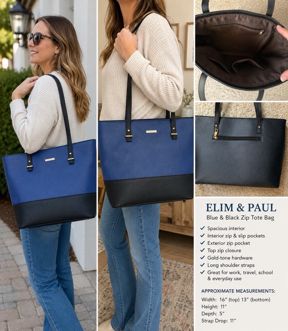 Elim & Paul Structured Blue Black Tote Bag Faux Leather Zip Top